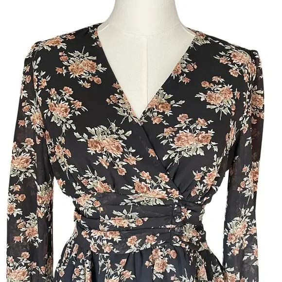 Boho Floral Blouse Faux Wrap Sheer Peplum Whimsigoth Romantic Fairy Size Small - Picture 2 of 8